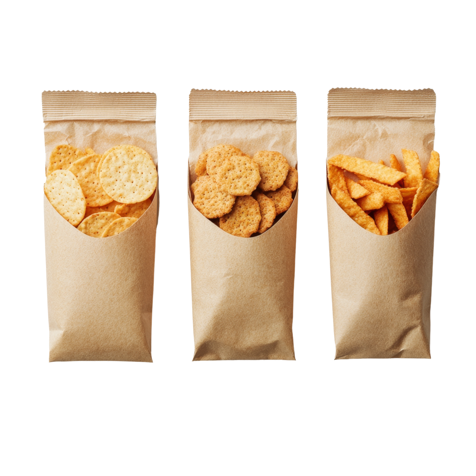 Three distinct types of snack packaging isolated against a plain background showcasing various snacks in paper bags, Snack packaging isolated png
