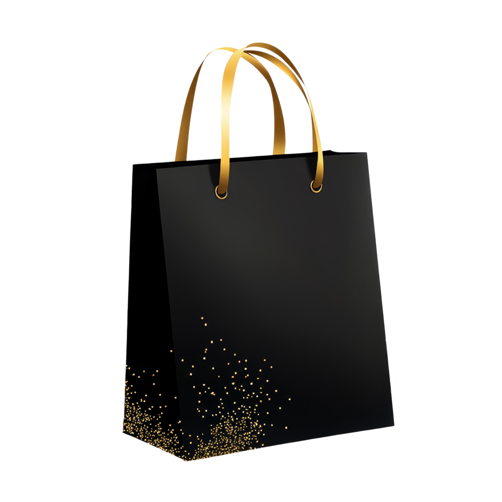 Black Friday promotional sale featuring a stylish black shopping bag with golden accents and sparkles, file no background Black Friday promotional sale with shopping bag png