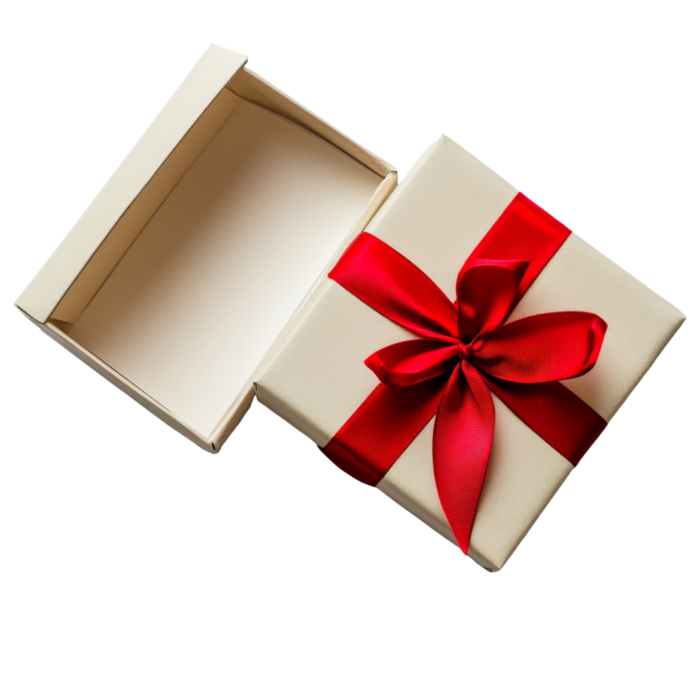 Open gift box with red ribbon waiting to reveal a surprise on a clean transparent surface, Opened gift box with red ribbon png