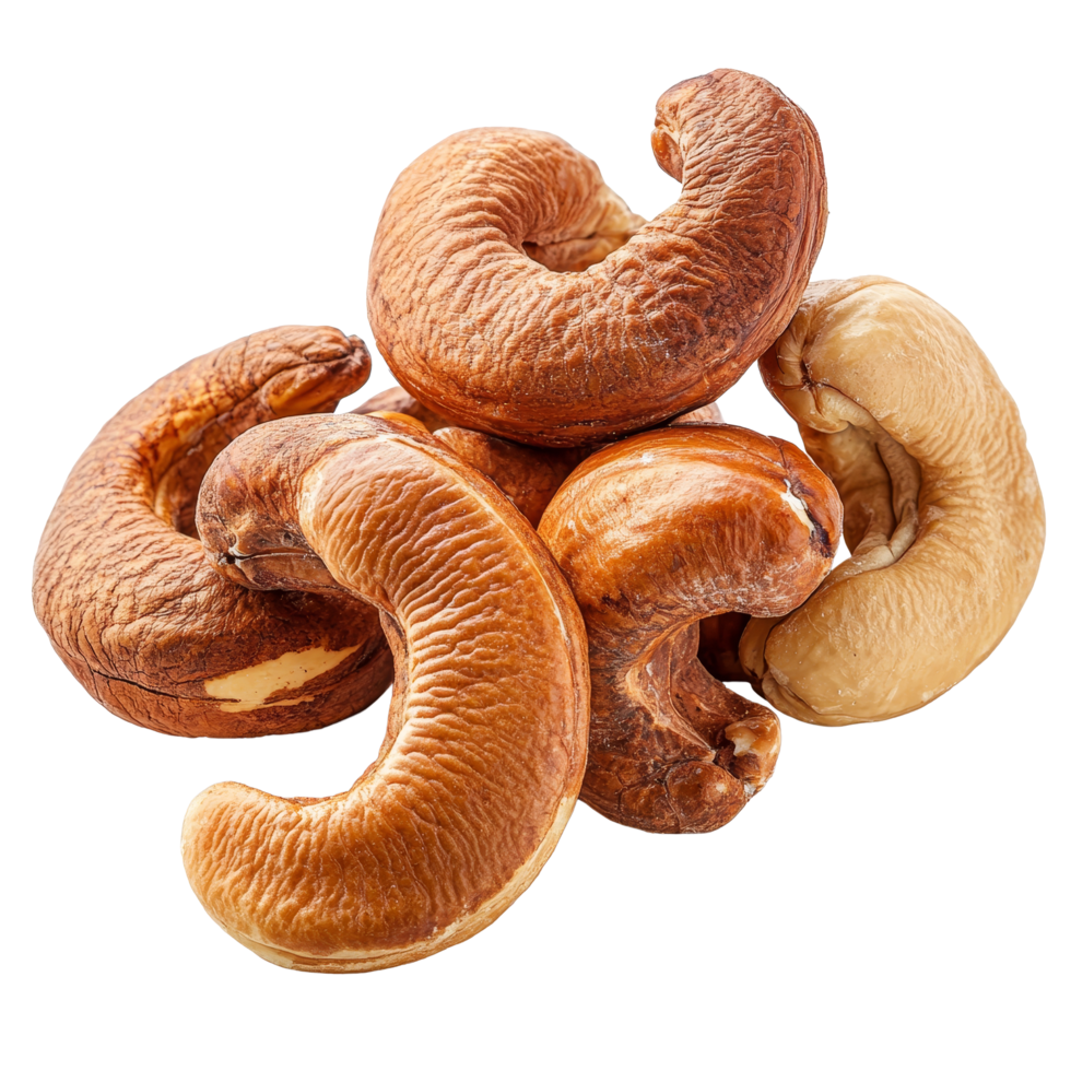 Roasted cashew nuts in various shades on a transparent background display their unique shapes and textures beautifully, Roasted cashew nuts isolated on transparent background png