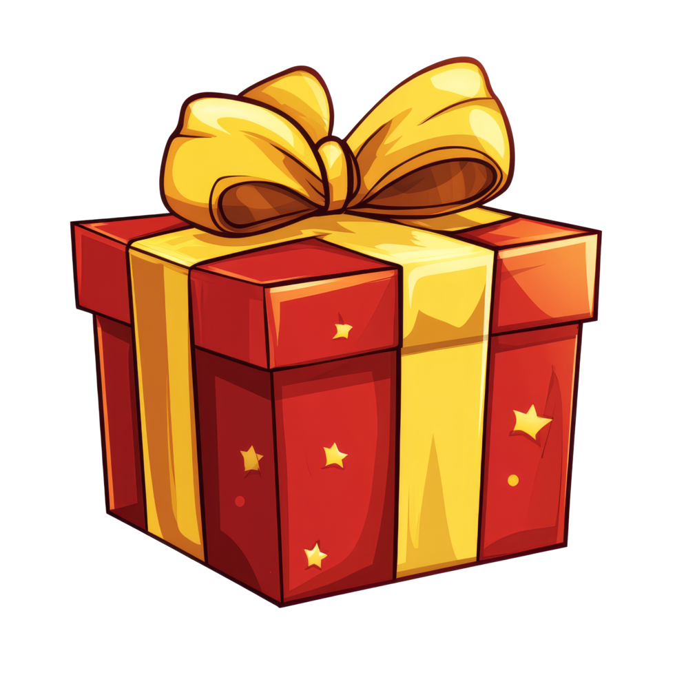 Brightly wrapped gift box illustration with a yellow ribbon and decorative elements isolated on transparent background, gift box illustrationisolated on transparent background png