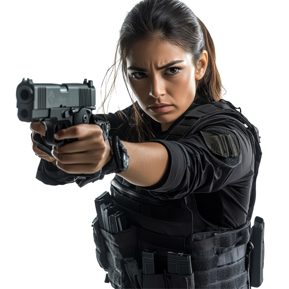 Female agent in tactical gear holds dual guns, ready for action in an urban environment during daylight, Female Agent in Tactical Gear Holding Dual Guns Isolated on transparent background png