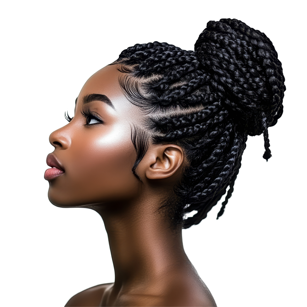 Portrait of a woman with intricate braided hairstyle against a simple background in natural light, portrait of a black african woman with curly long braids bun hair isolated on transparent background png