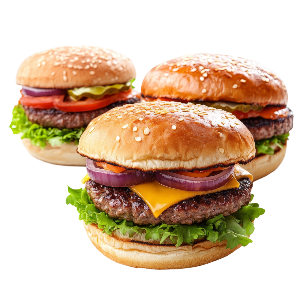Delicious selection of three gourmet burgers featuring fresh ingredients on a bright transparent background, Different types of three tasty burgers on a transparent background png