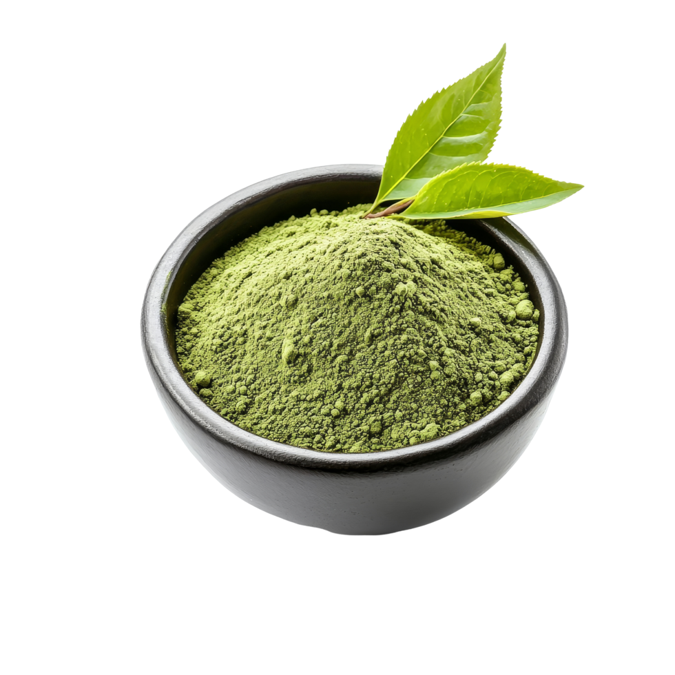 Fresh powdered matcha green tea in a traditional bowl with vibrant green leaf isolated on a transparent background, powdered matcha green tea in bowl with leaf isolated on transparent background png