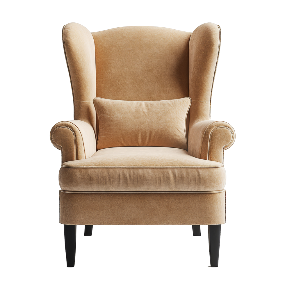 Beige accent chair with plush cushions set against a clean transparent background for modern decor, Beige Accent Chair Isolated on transparent background png