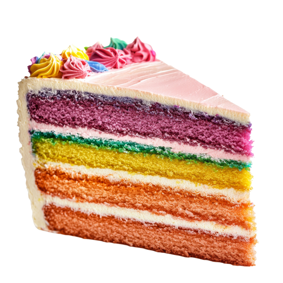 Delicious layered rainbow cake with vibrant colors set against a clean transparent background, layered rainbow cake isolated on transparent background png
