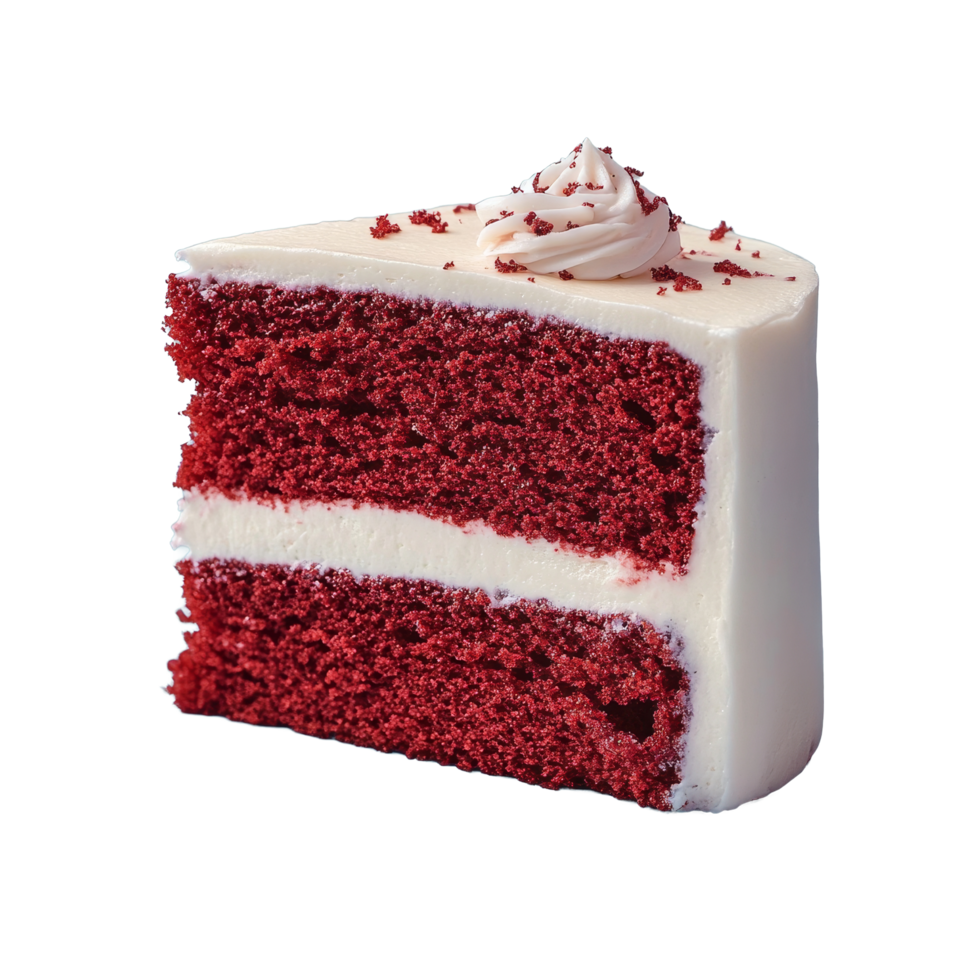 A delectable slice of red velvet cake with creamy frosting displayed on a clean blue background, Solo Red Velvet Cake slice on a clean background, format with png