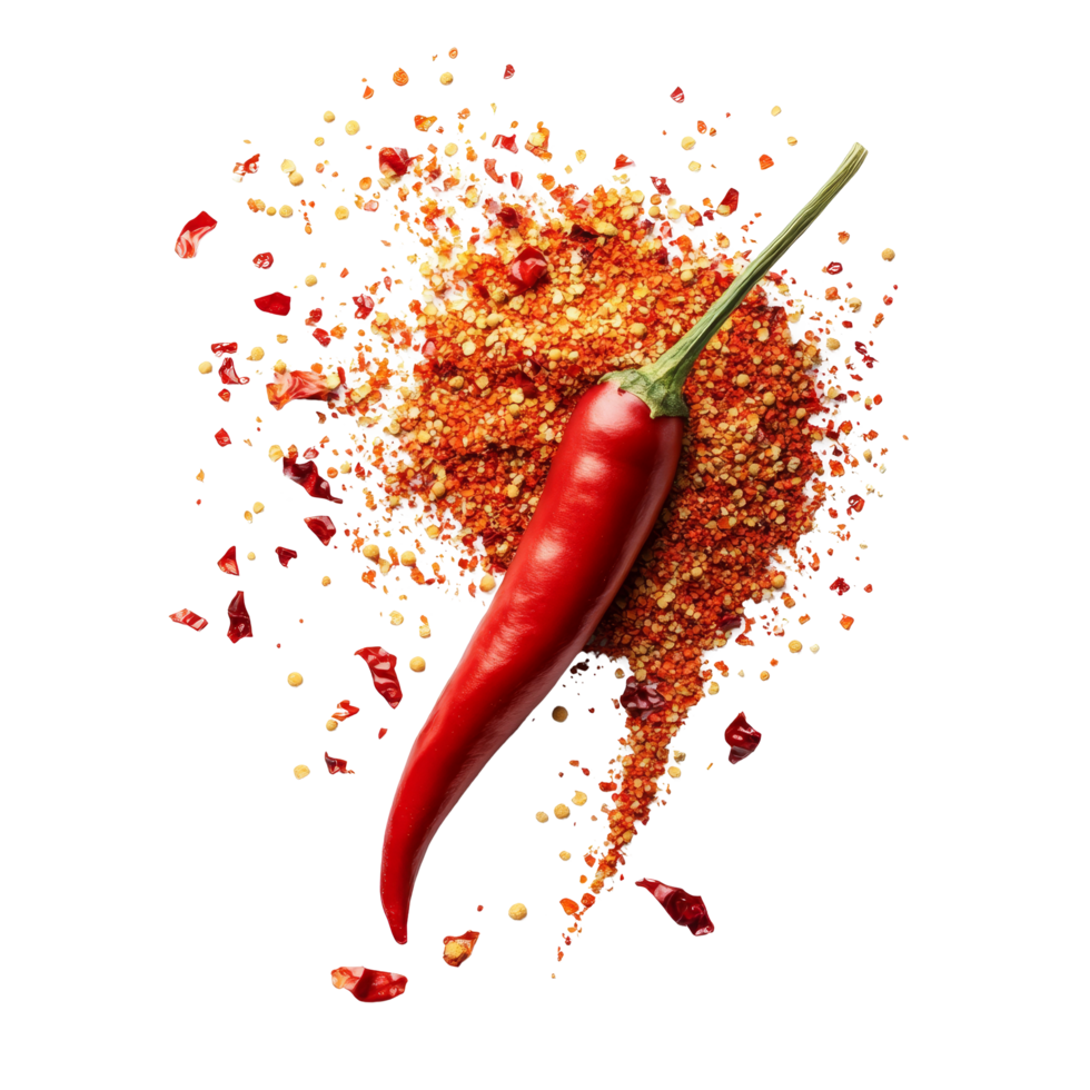 Chili powder and flakes spill from a vibrant red chili pepper on a clean transparent background, showcasing rich spices from nature, Chili powder and flakes burst out from red chili pepper Stock Photo png