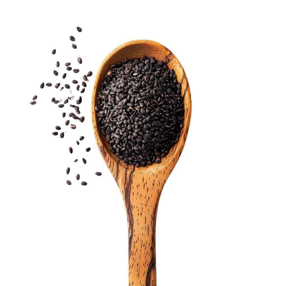 A wooden spoon filled with black sesame seeds on a transparent background, black sesame in wood spoon isolated on transparent background png