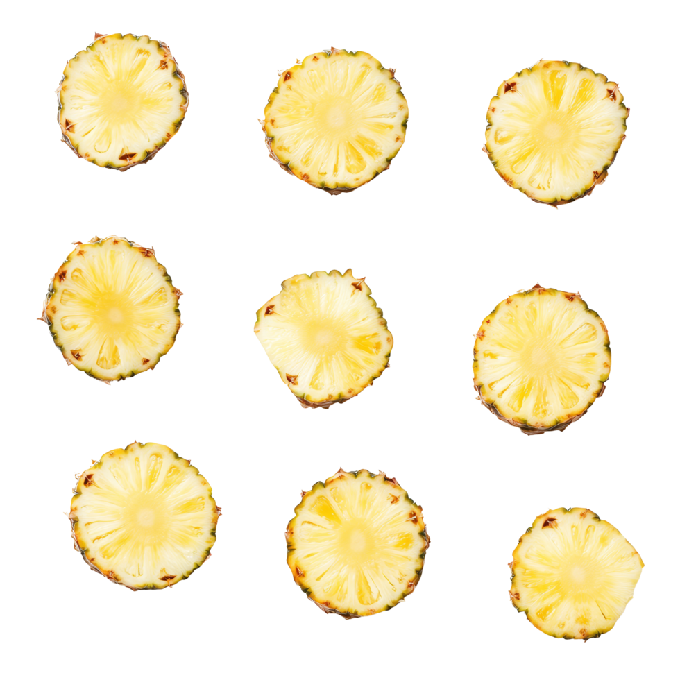 Freshly sliced pineapple pieces arranged neatly on a transparent background for culinary use or decoration, transparent backgroundpineapple slices isolated on transparent background png