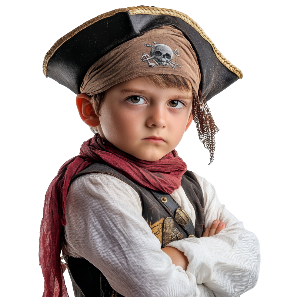 A young boy wearing a pirate costume stands confidently with crossed arms, little boy dressed as a pirate on transparent background png
