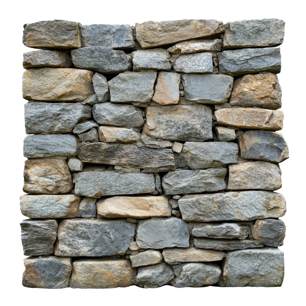 Isolated old stone wall featuring varying textures and colors against a pure transparent background, old stonewall isolated on transparent background png