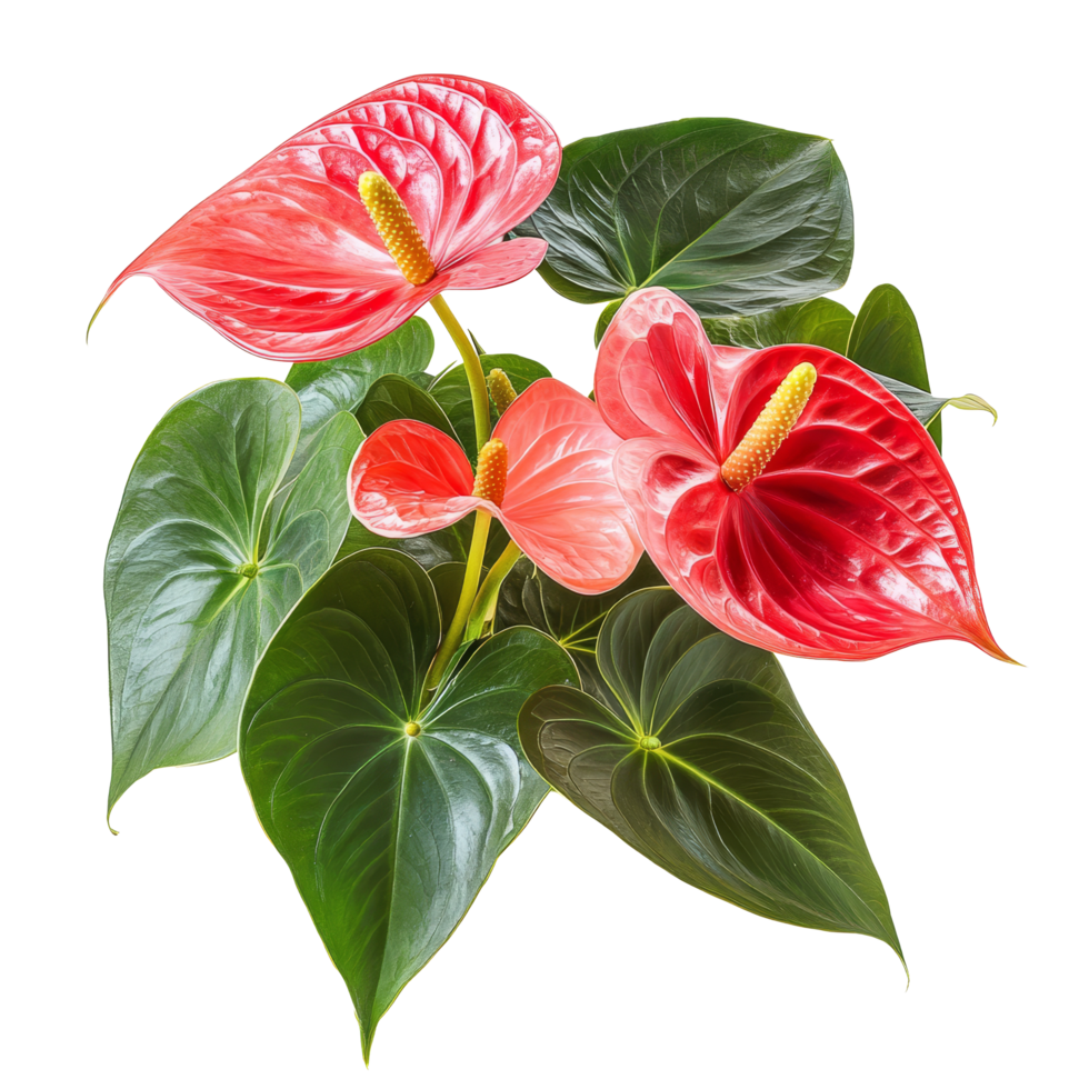 Beautiful anthurium flowers with vibrant red petals set against a clean transparent background, anthurium flowers isolated transparent background png