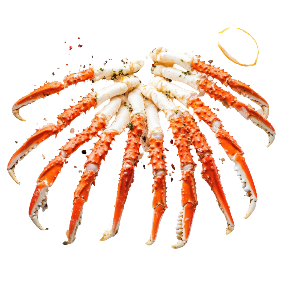 Delicious cooked crab legs garnished with herbs and lemon on a clean transparent background ready to be enjoyed, Fresh tasty cooked crab legs on a transparent background. crab legs png