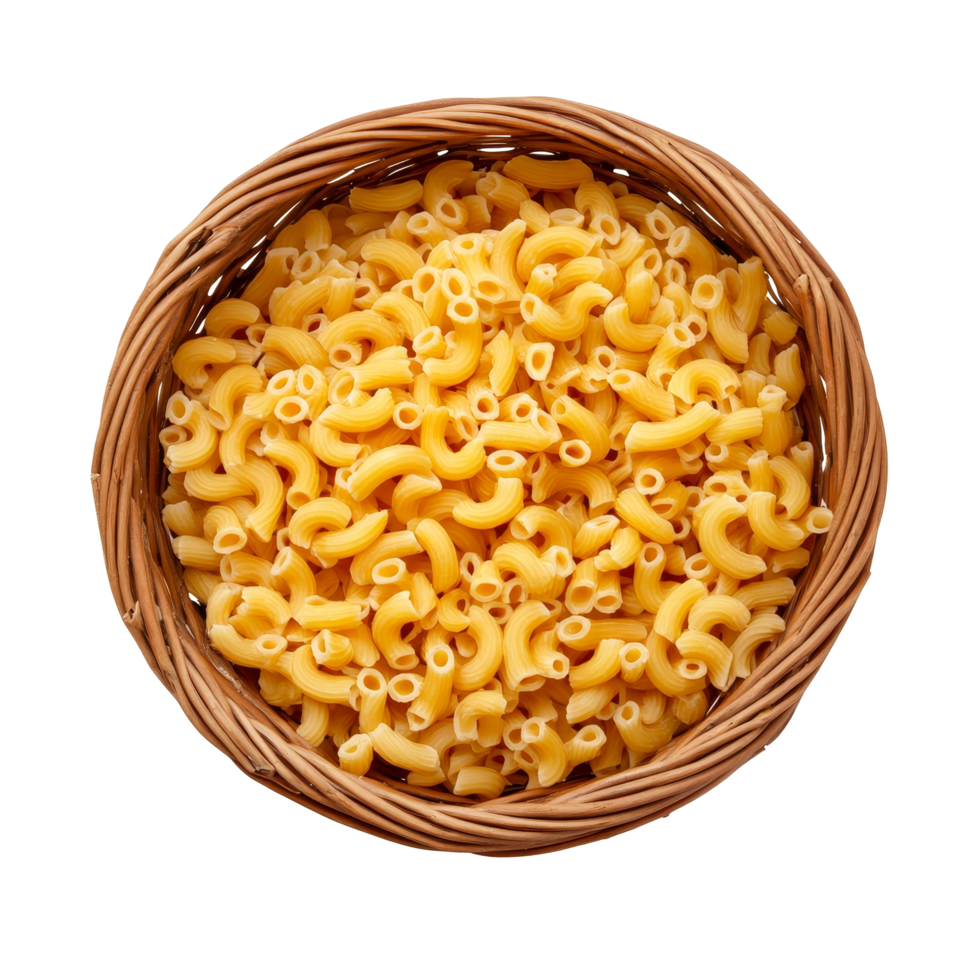 A basket filled with dry macaroni pasta on a clean transparent background ready for cooking and pasta dishes, dry macaroni in the basket on transparent background png
