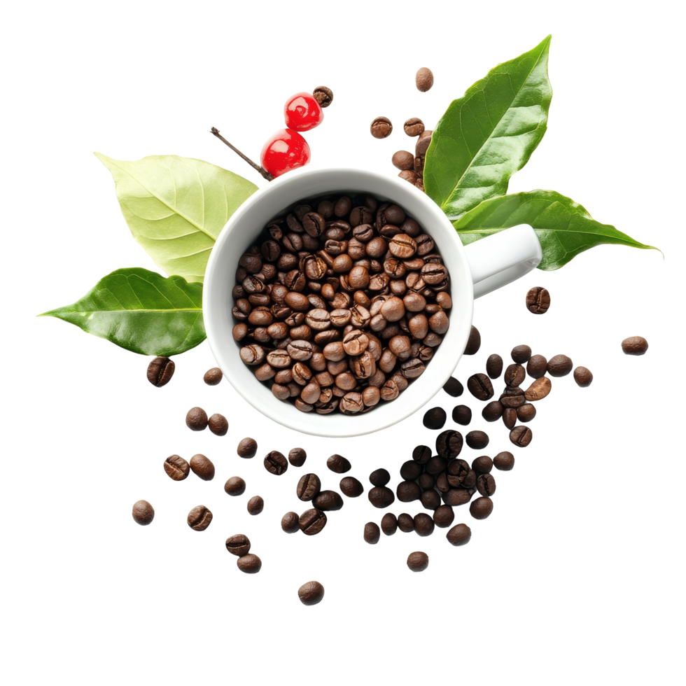 Instant coffee beans surrounded by fresh leaves and a pepper cup on a bright transparent background, instant coffee leaves and pepper cup on transparent background png