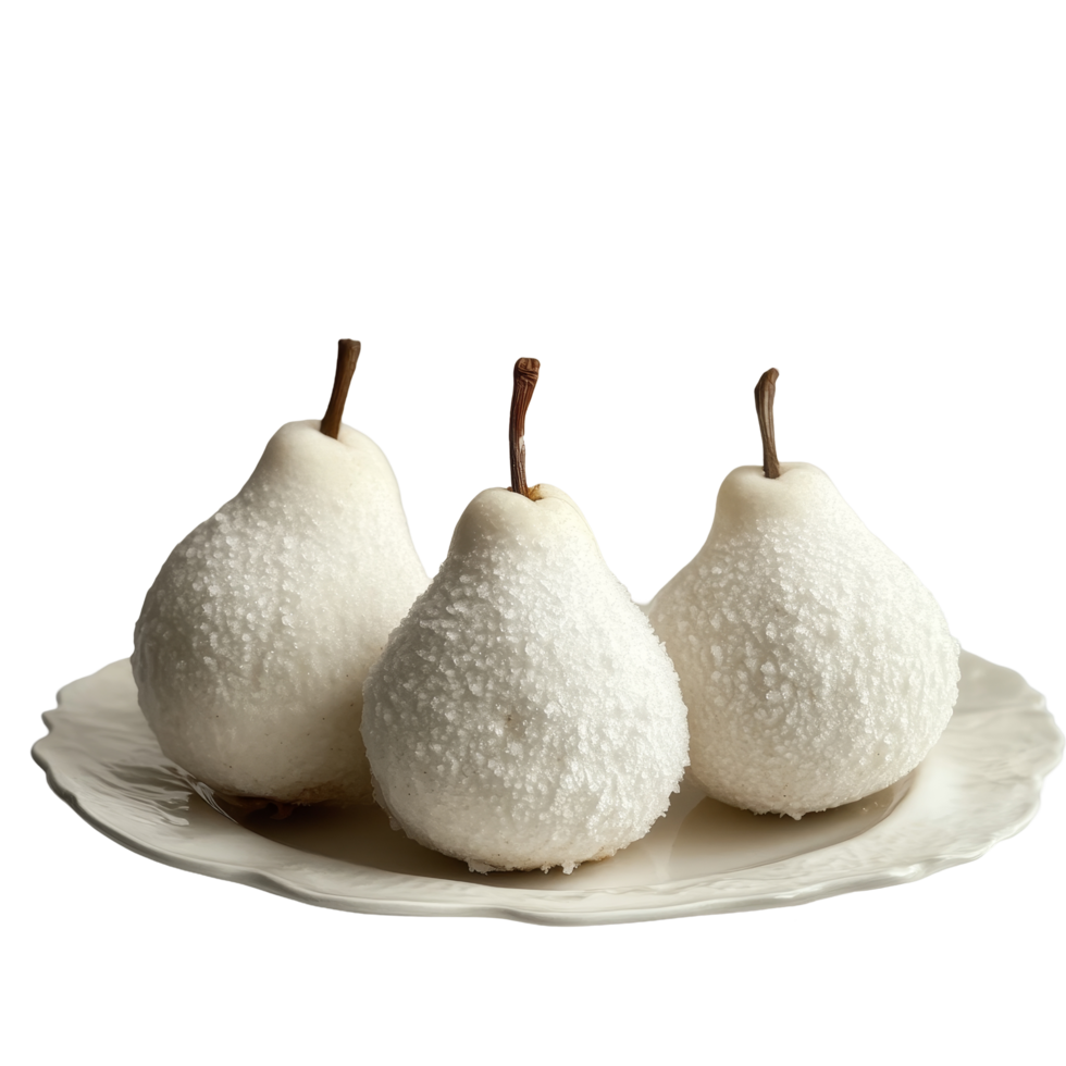Elegant snow pears displayed on a delicate plate against a simple transparent background, perfect for culinary decor, snow pear on transparent background png