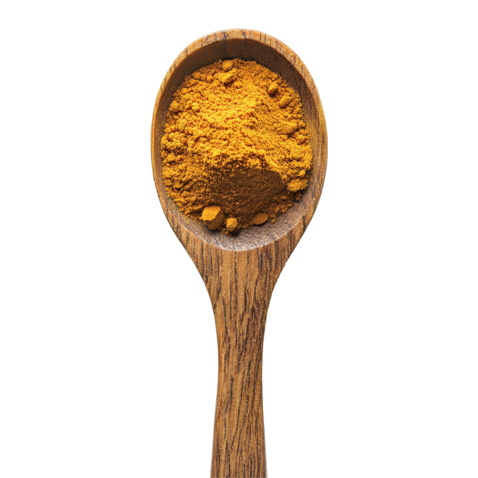 Turmeric powder in a wooden spoon isolated on a transparent background for culinary and health applications, Turmeric powder in wood spoon isolated on transparent background png
