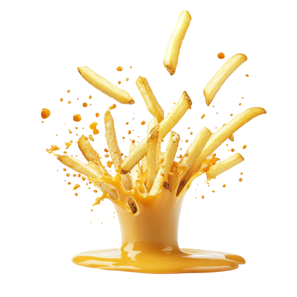 French fries splashing in golden sauce, isolated on a transparent background with dynamic action and vibrant colors, French fries splashing isolated png
