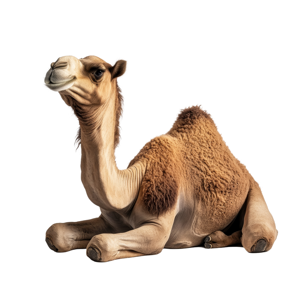 Camel sitting gracefully on a transparent background showcasing desert adaptability and unique features, Sitting Camel on transparent background png