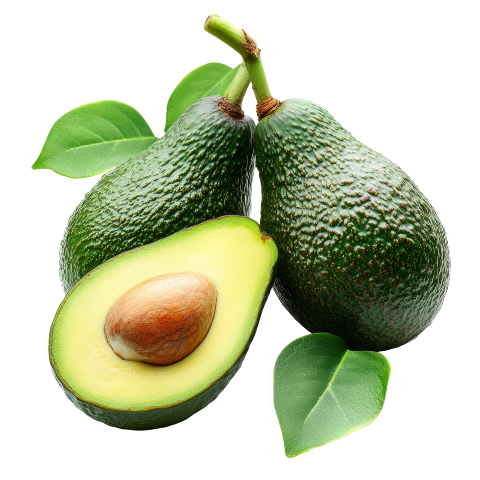 Fresh avocados with vibrant green skin and sliced half displaying seed on transparent background, Avocadoisolated on transparent background png