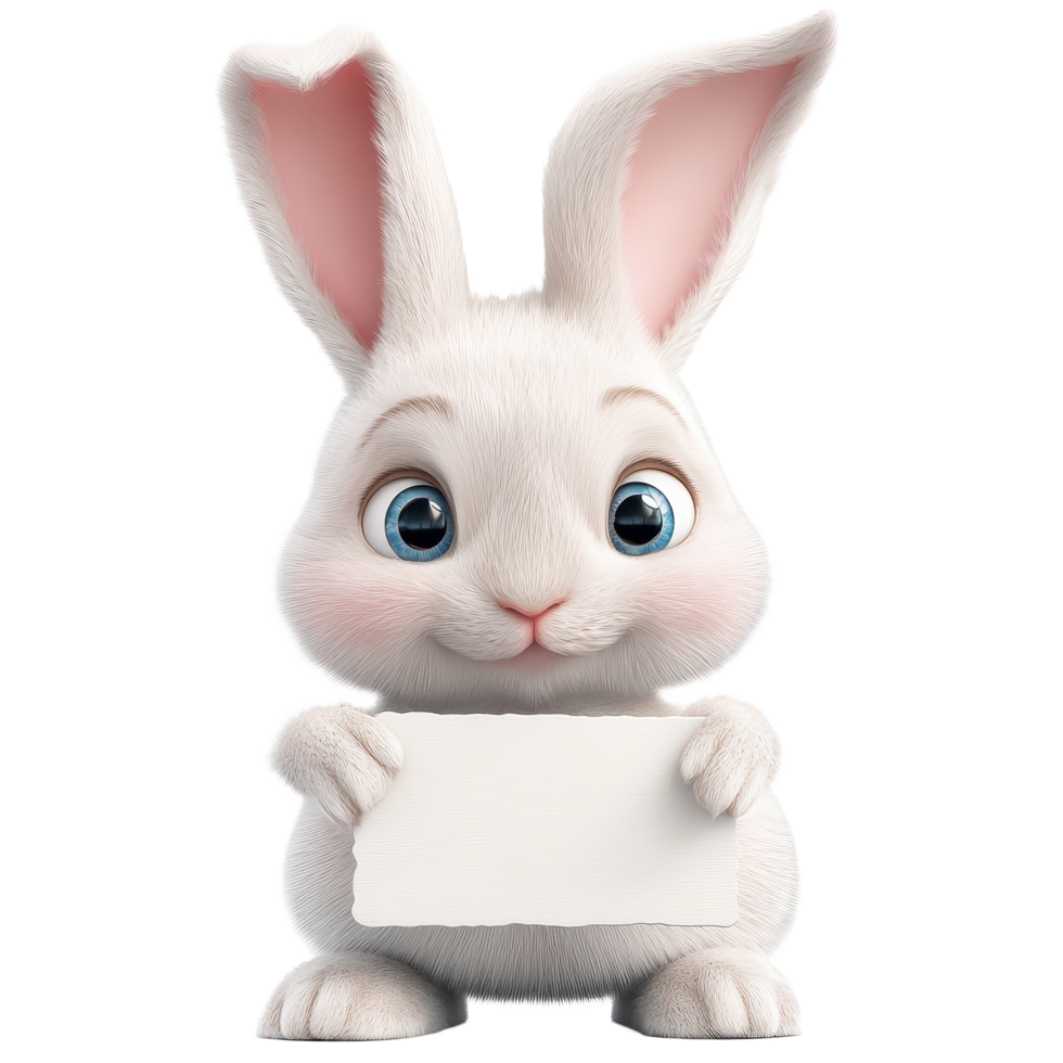 Adorable cartoon Easter bunny holding a blank sign with a cheerful expression perfect for spring celebrations, Cute Easter Bunny 3D Cartoon Characters with Sign on transparent background png