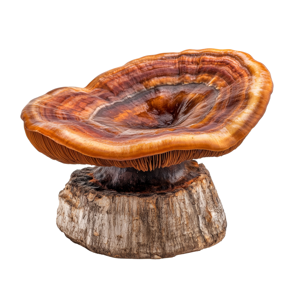 Natural reishi mushroom Ganoderma lucidum isolated on a transparent background showcasing its unique shape and vibrant color, reishi mushroomGanoderma lucidum isolated on transparent background png
