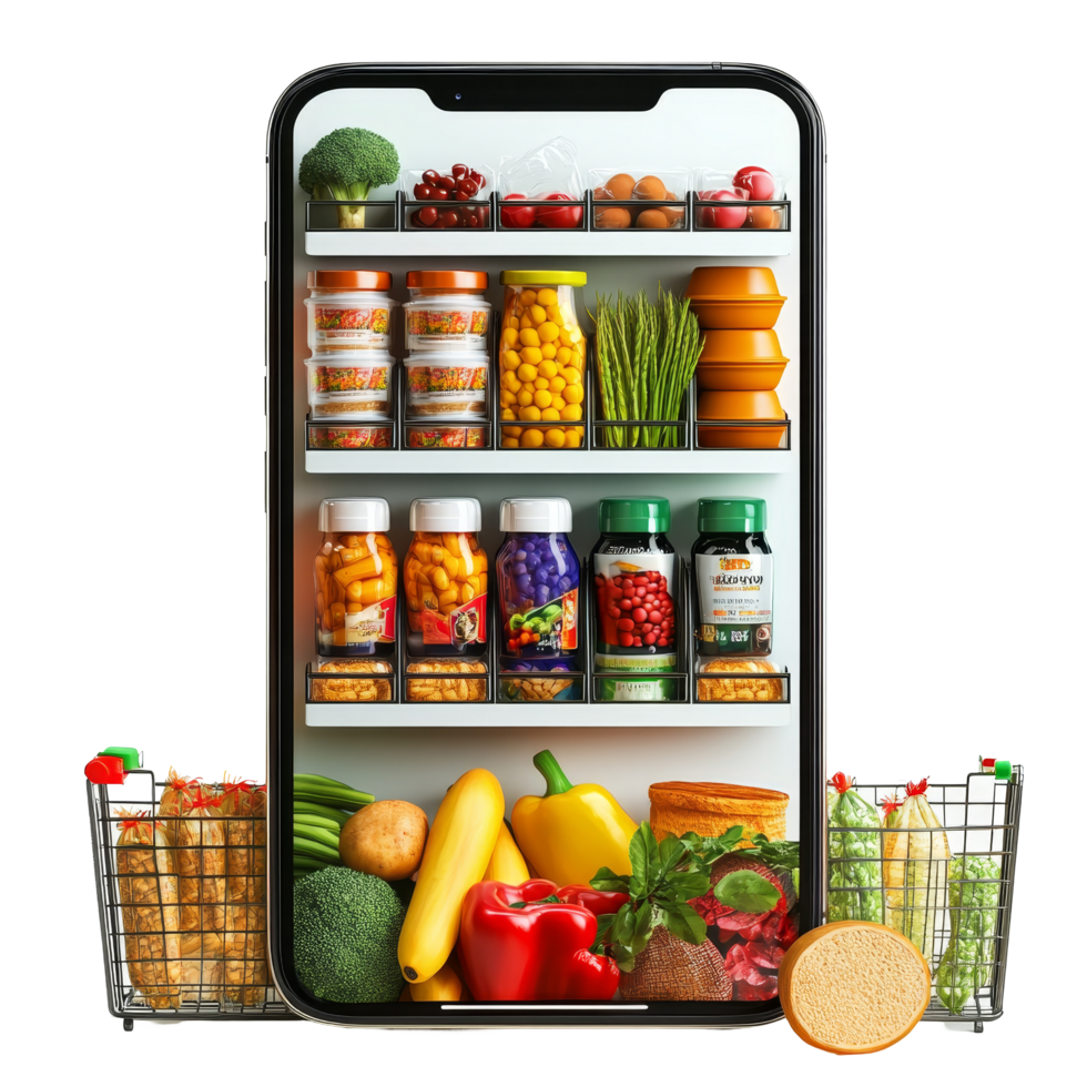 A modern online grocery shopping app displaying fresh produce and canned goods on a smartphone, file no background Online grocery shopping app on smartphone png