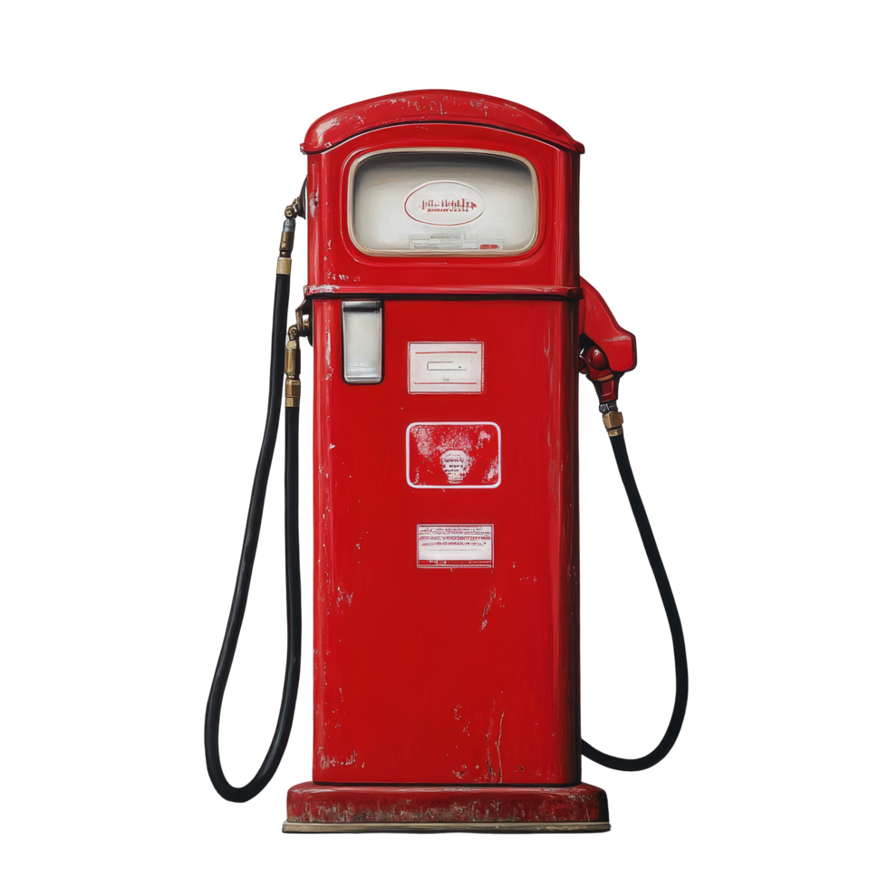 A vintage red gasoline pump stands prominently in a welllit garage setting, showcasing its unique design and charm, Red gasoline pump png