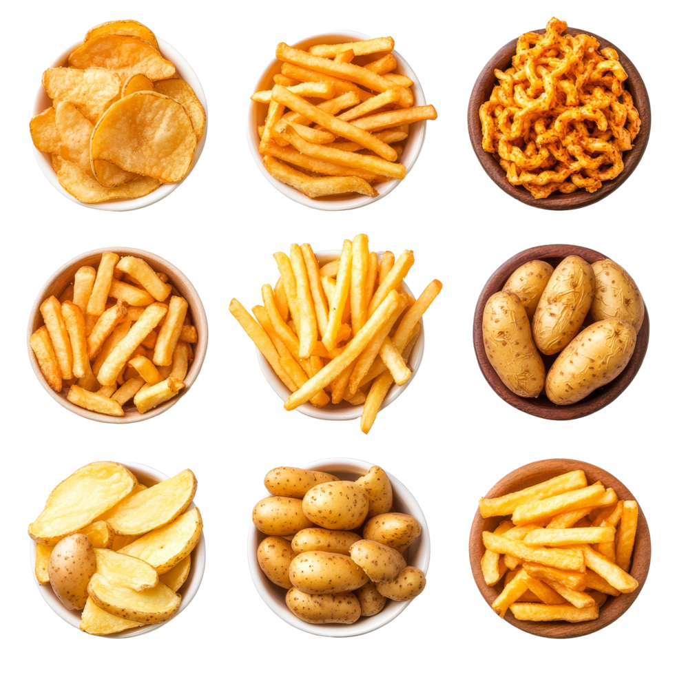 A variety of delicious French fries including classic potato wedges displayed in bowls, Various French Fries Including Classic, Potato Wedges, Curly, and Spicy on transparent background png