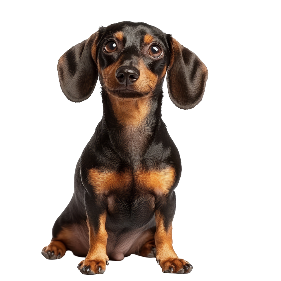 Adorable sausage dog sitting upright and looking curiously against a plain transparent background, sausage dog isolated on transparent background png