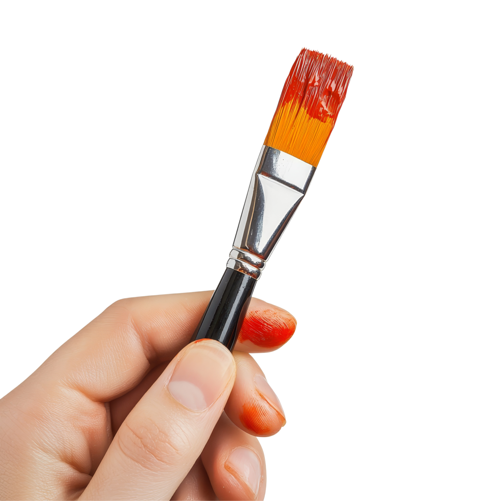 An artists hand skillfully holds a paintbrush covered in vibrant colors, ready to create a masterpiece, Paintbrush, paint brush in hand of artist, making brushstroke isolated on transparent background png