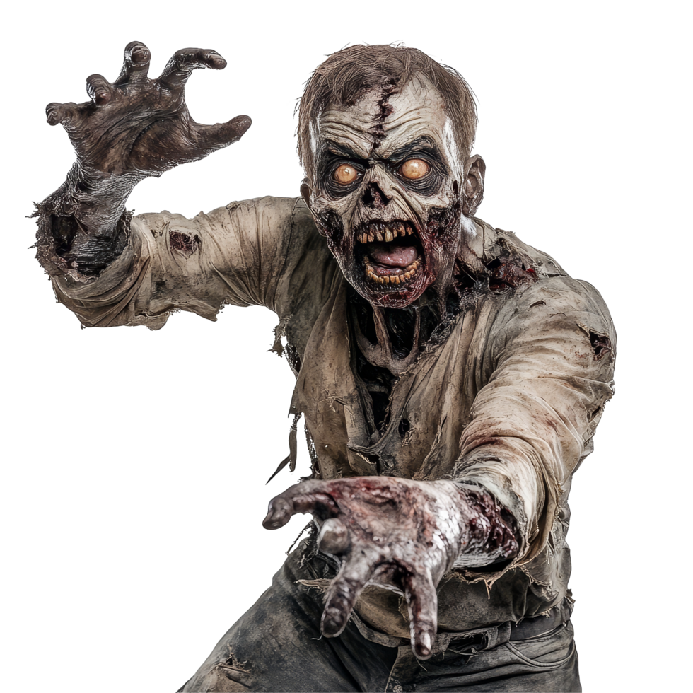 A terrifying zombie lunges forward to catch its unsuspecting victim in a darkened, eerie setting at night, Scary Zombie about to catch his victim isolated on transparent background png