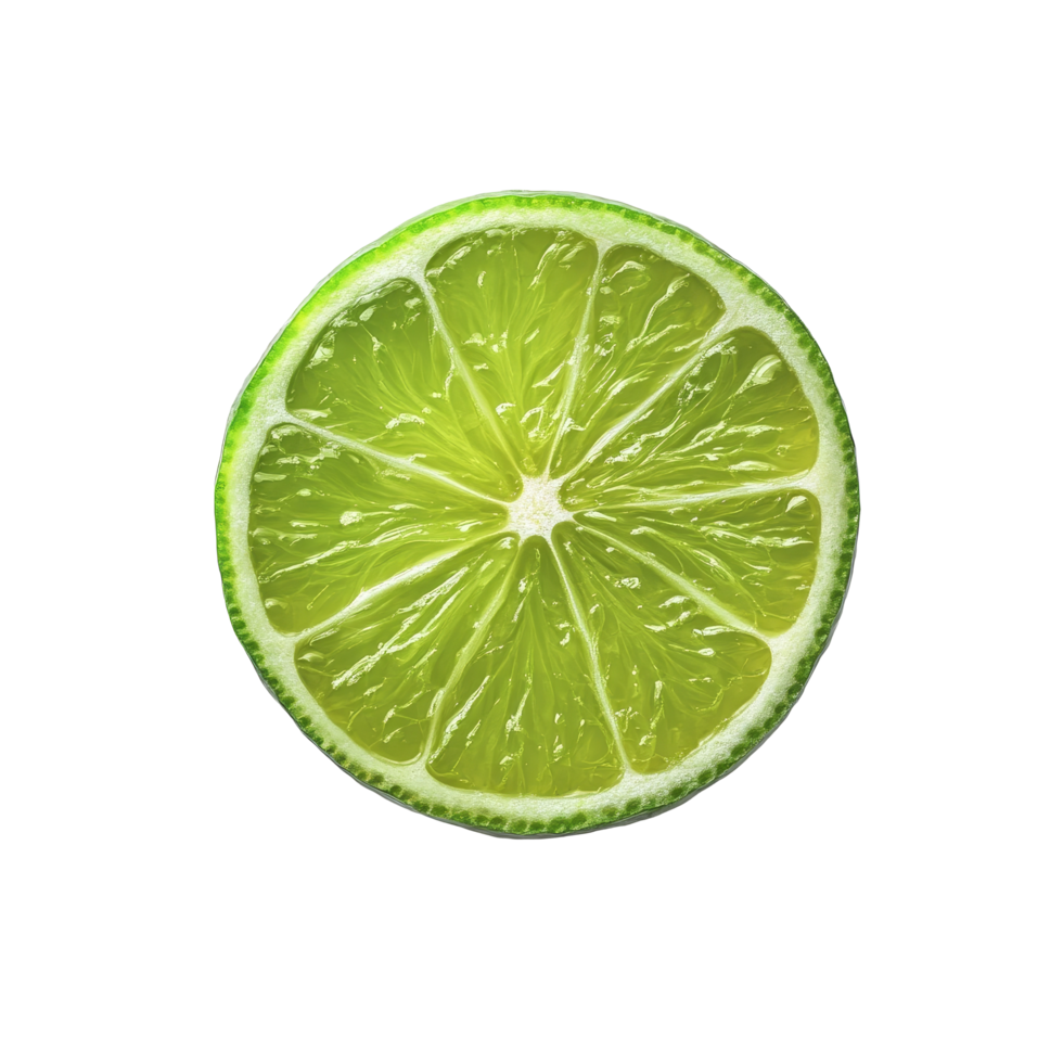 Freshly cut lime half with vibrant green color displayed on a clean, transparent background ideal for culinary presentation, Juicy slice of lime on transparent background png