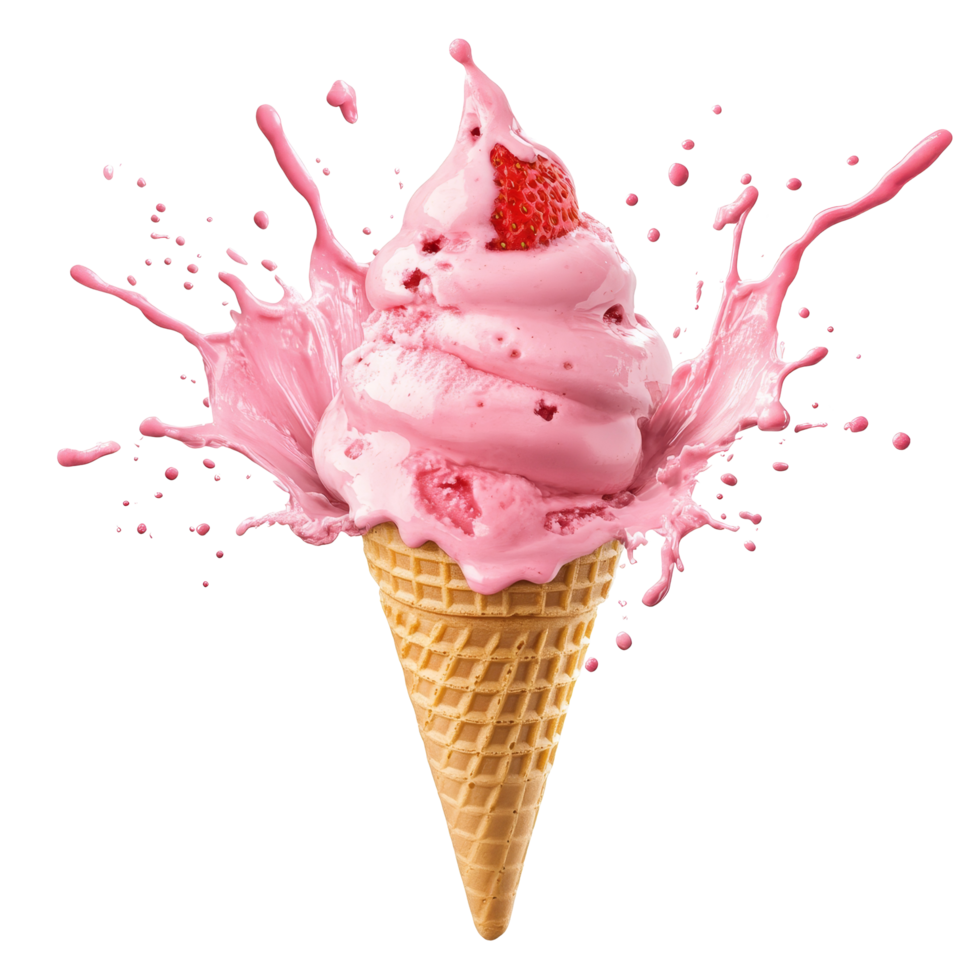 Delicious strawberry ice cream cone splashing on a bright transparent background, Strawberry Ice Cream Cone with Splash on transparent background png
