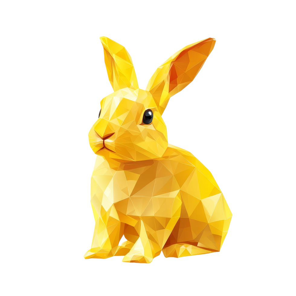 A geometrically styled yellow rabbit figure on a clean transparent background showcasing modern design elements, Yellow polygonal rabbit on transparent background. Geometric polygonal rabbit png