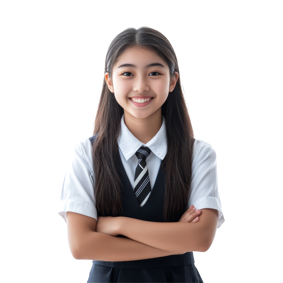 Happy Asian student girl in school uniform smiling confidently with arms crossed in a bright classroom setting, Happy braces Asian student girl in school uniform arm crossed png