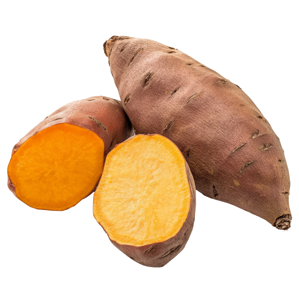 Fresh sweet yam potatoes sliced and displayed against a clean transparent background for culinary uses, sweet yam potato isolated on transparent background png