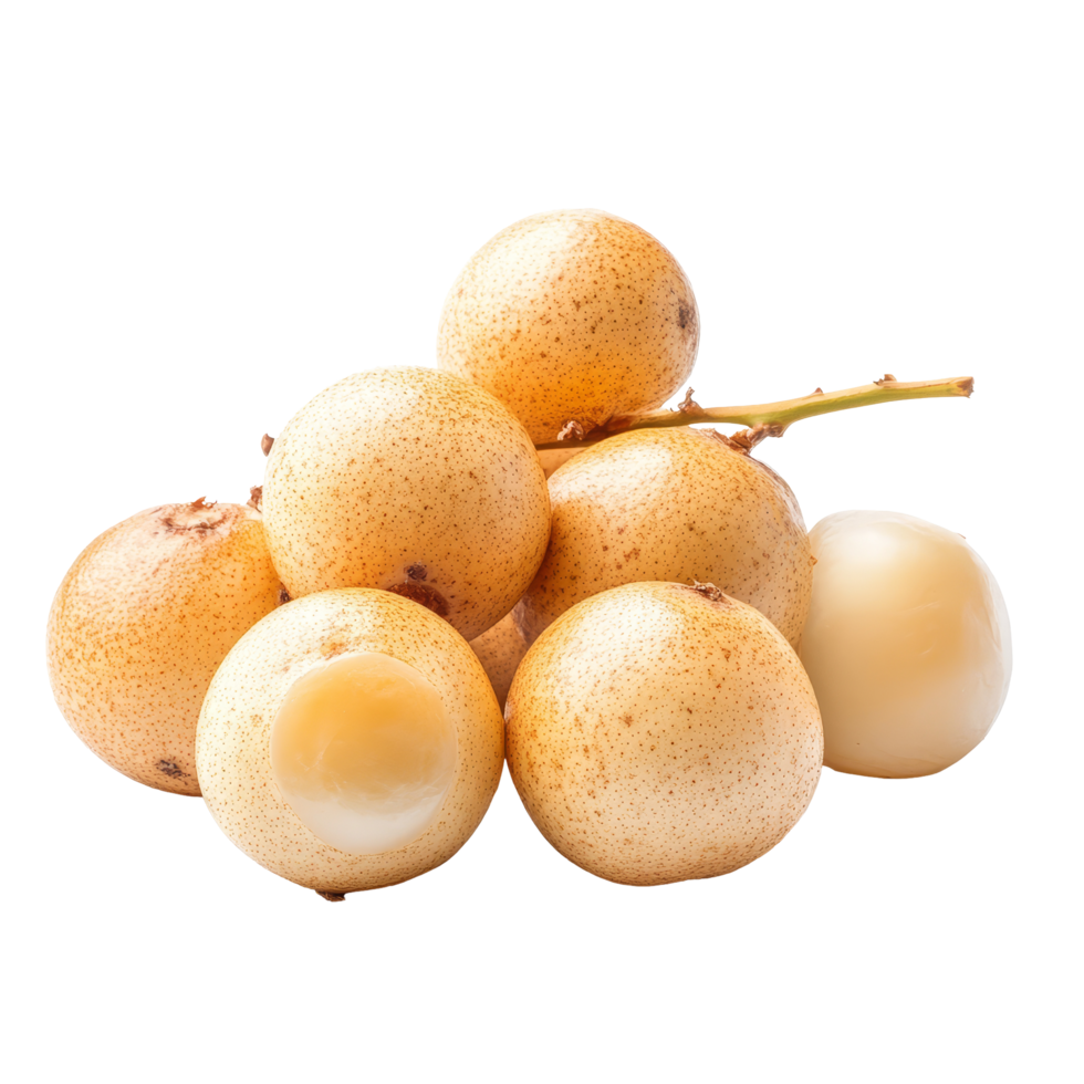 Fresh longan fruit cluster displayed on a clean transparent background highlighting its unique texture and color, Longan isolated on transparent background png