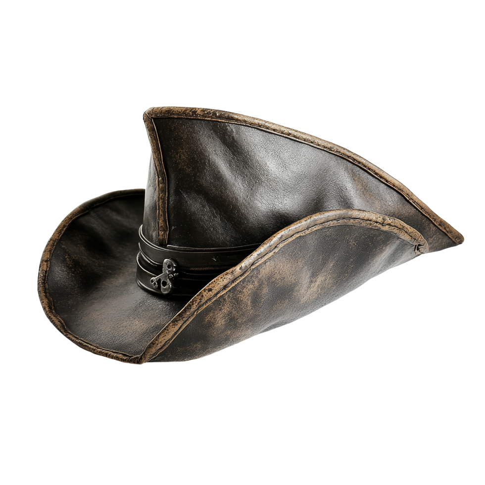Pirate tricorn hat resting on a transparent background, showcasing its distinctive design and historical significance, Pirate Tricorn Hat on transparent background png