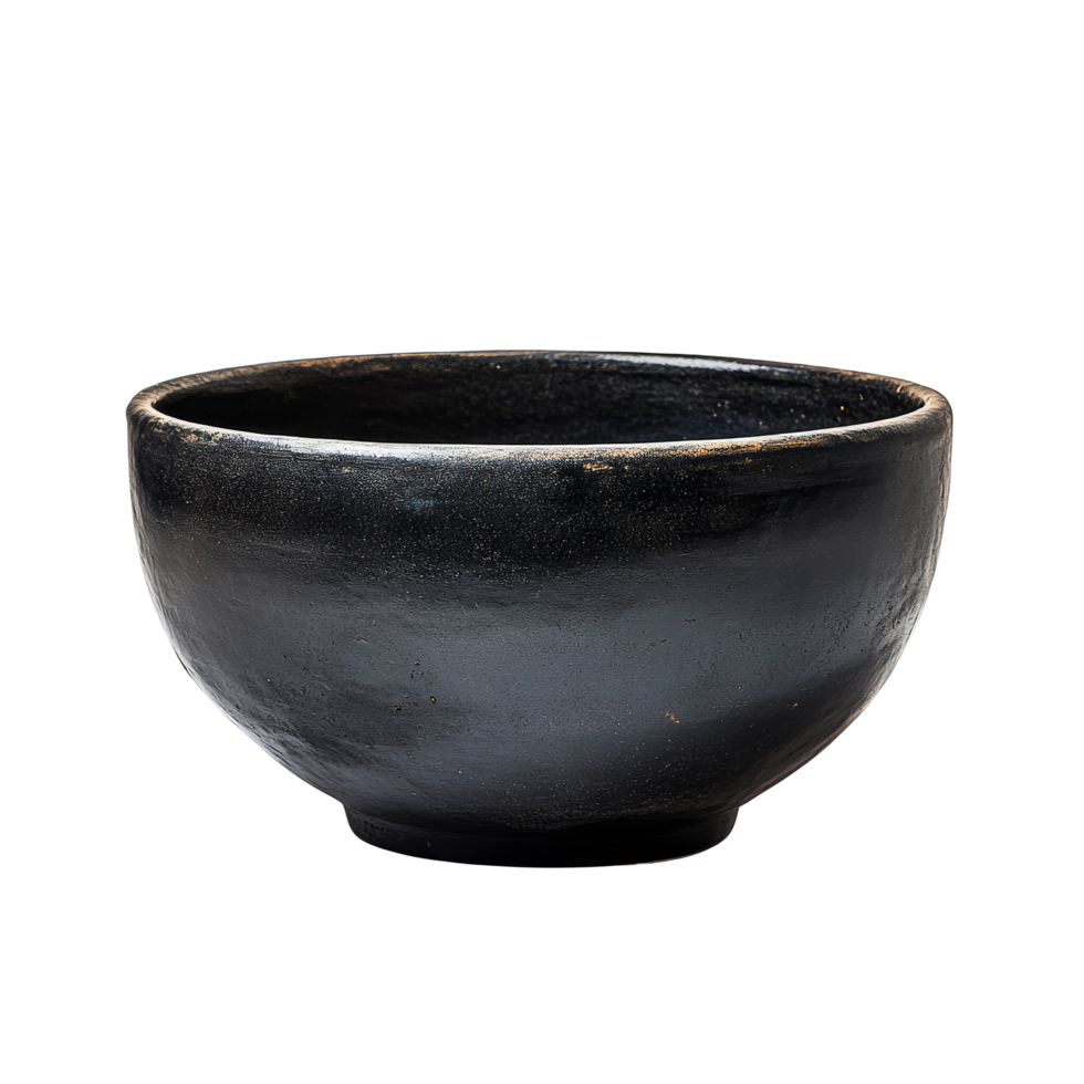 Black bowl with a smooth finish placed against a clean transparent background showcasing its simplicity, black bowl on transparent background png