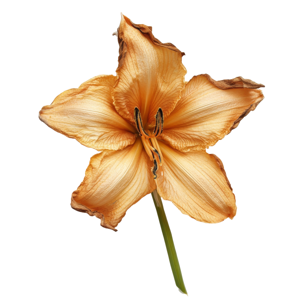 Dried daylily flower arranged on a transparent background showcasing its delicate petals and intricate details, dried daylily flower on transparent background png