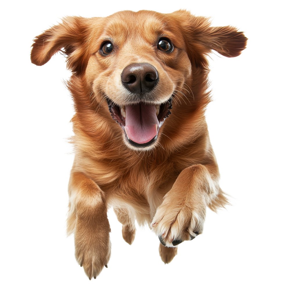 A cheerful golden retriever is captured midleap, displaying its joyous spirit as it bounds playfully with a big smile, Happy dog transparent png