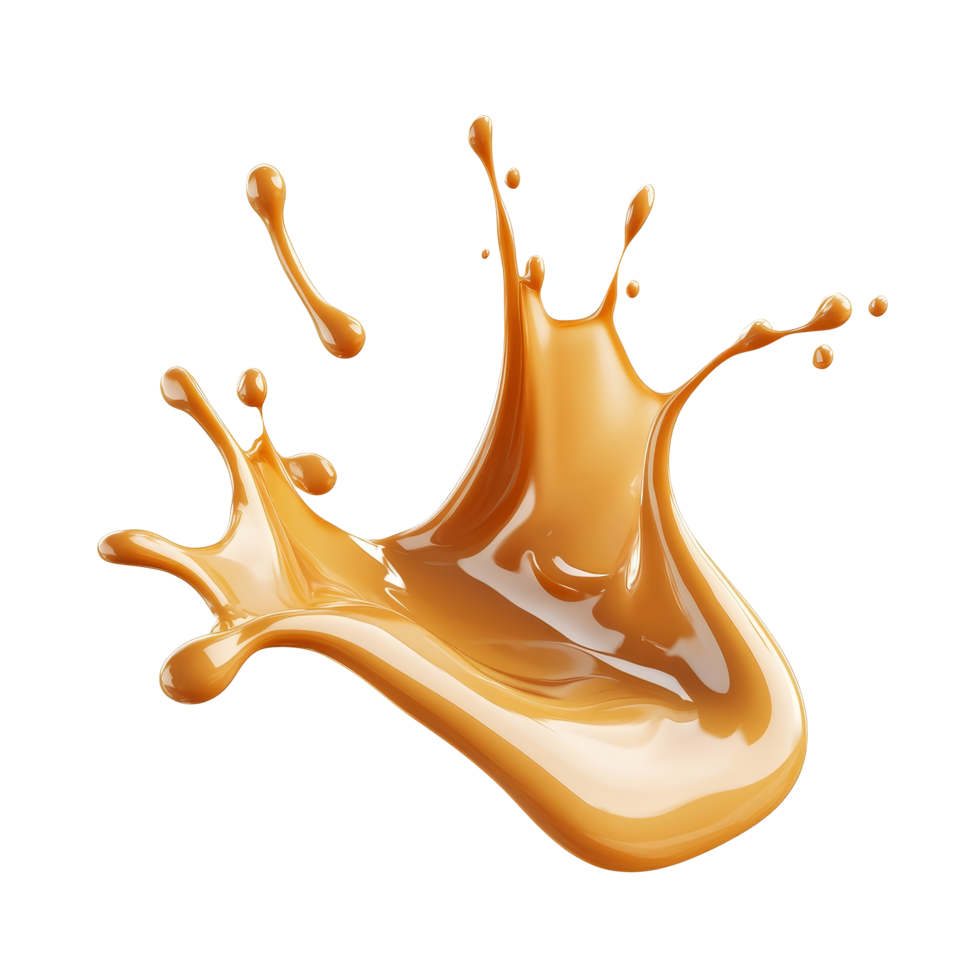 Golden caramel liquid splash isolated on a clean transparent background with dynamic droplets and flowing texture, Golden Caramel Liquid Splash isolated on transparent background png