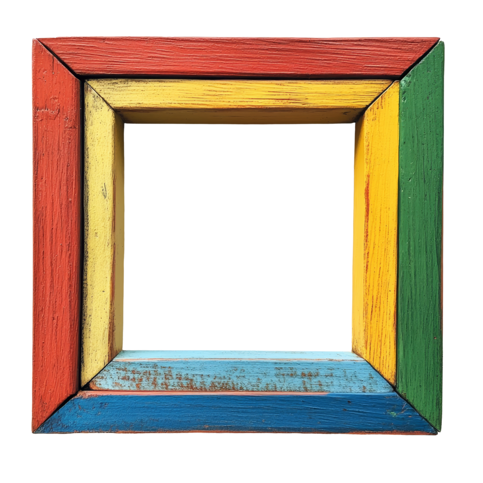 A vibrant wooden picture frame in bright colors resting on a smooth transparent surface against a transparent background, colorful wooden picture frame isolated png