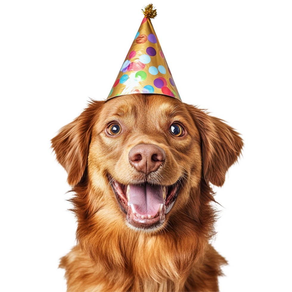 Joyful dog wearing a colorful party hat celebrates with a big smile against a plain transparent background, Happy Dog with Party Hat on transparent background png