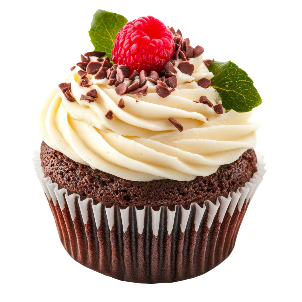 Delicious chocolate cupcake topped with cream frosting, raspberries, and chocolate shavings against a transparent background, fresh cup cake isolated on transparent background png