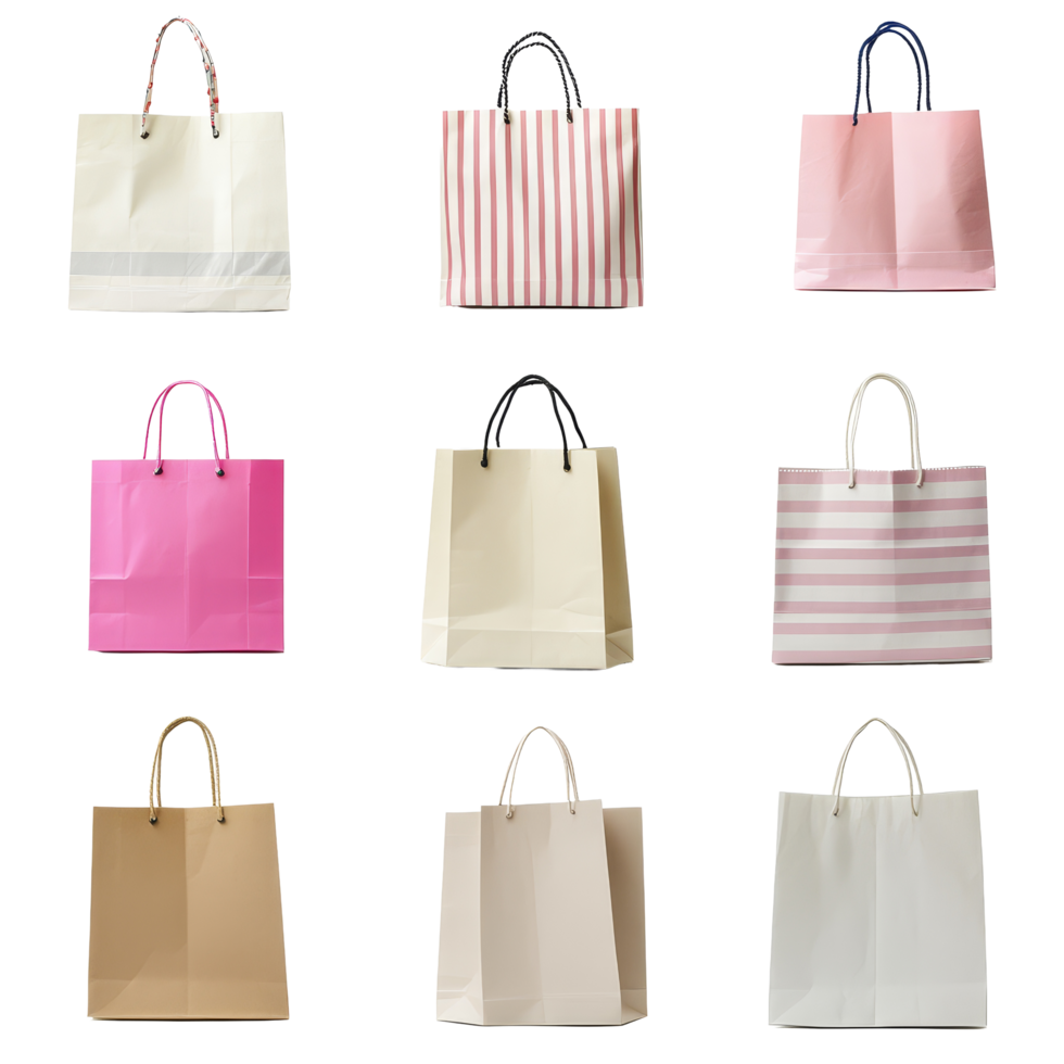 Collection of various shopping bags displayed on a clean transparent background for retail or ecommerce purposes, Various type of shopping bags isolated png