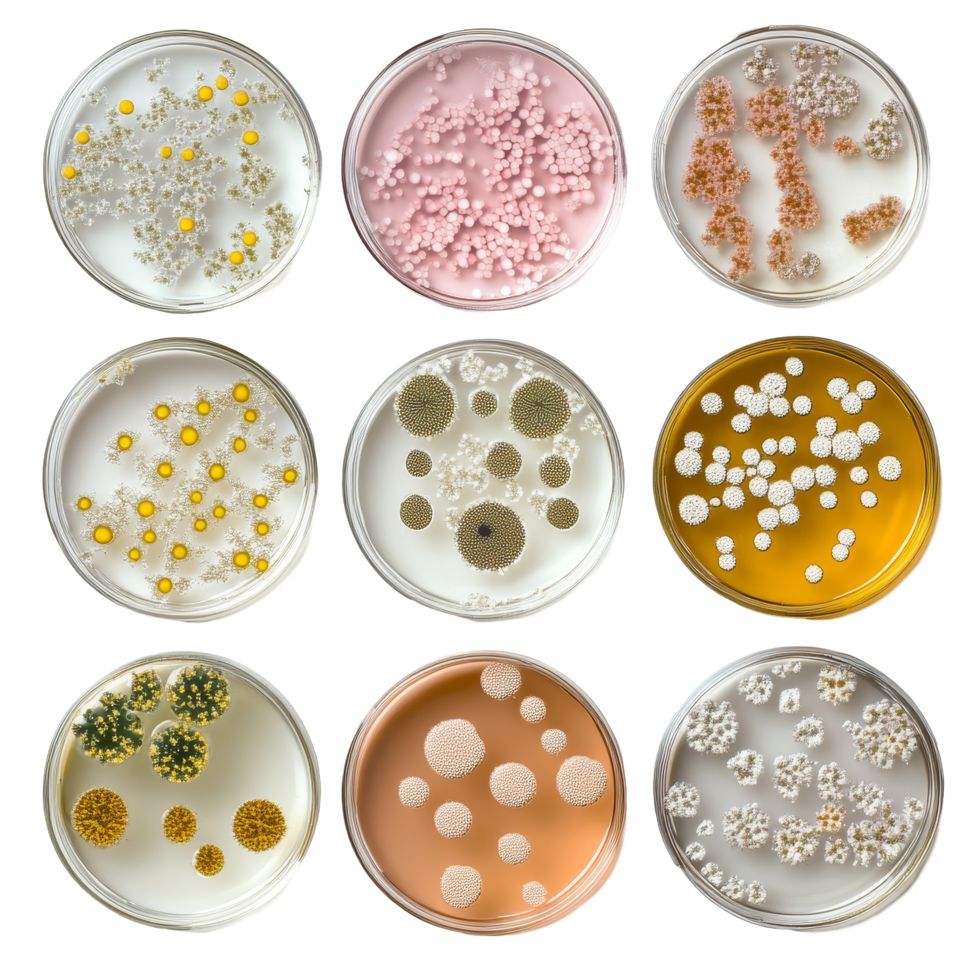 Exploring diverse bacterial colonies in petri dishes during a microbiology study, Different types of bacterial colonies in petri dish over transparent background png